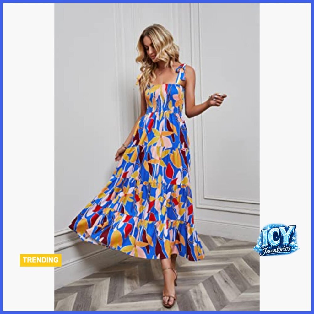 Polyester Maxi Dress with Spaghetti Straps Square Neck Ruffle Hem - Picture 2 of 7